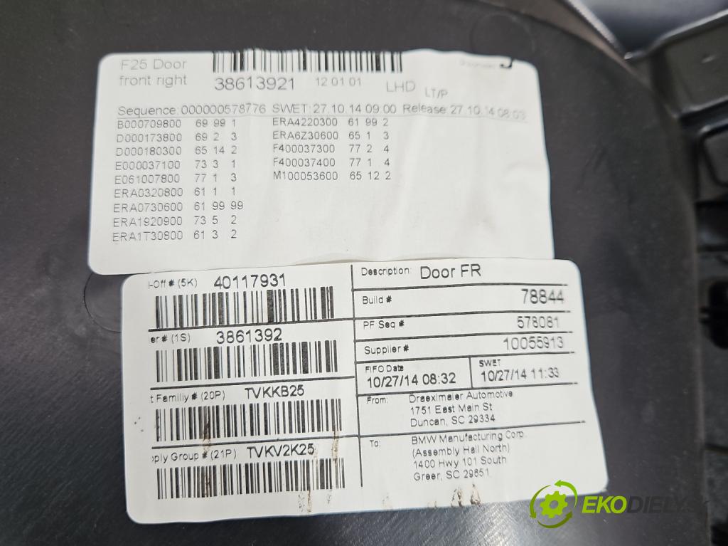 Bmw X3 F25 2010-2017 2.0 T 245KM automatic 180 kW 1997 cm3 5- Čalounictví: dvere predné pravé 40117931