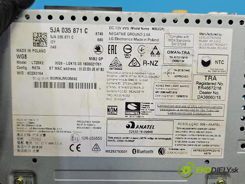 Skoda Rapid 2012-2019 1.4 tdi 90 hp manual 66 kW 1422 cm3 5- Radio továrna: 5JA035871C