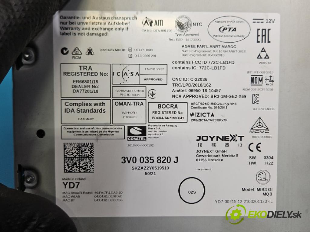 Skoda Superb III 2015-2024 1.5 TSI 150 hp automatic 110 kW 1498 cm3 5- Navigace: čtečka 3V0035820J
