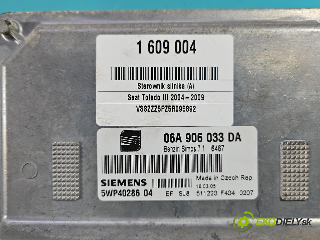 Seat Toledo III 2004-2009 1.6 8V 102 hp manual 75 kW 1595 cm3 5- řídící jednotka motoru 06A906033DA
