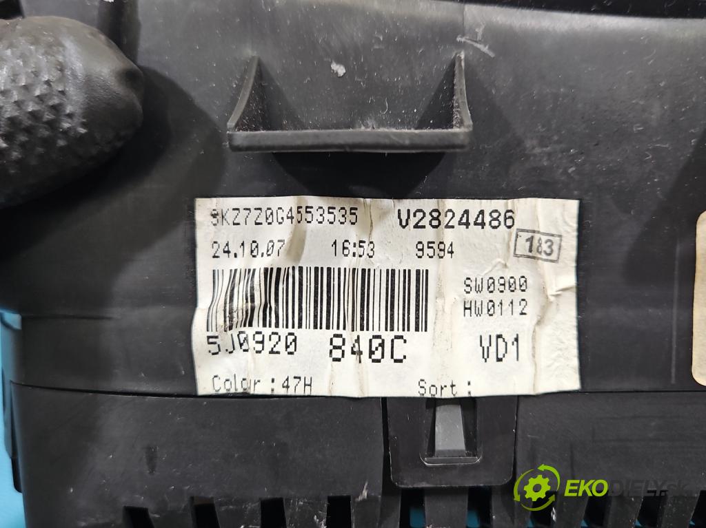 Skoda Fabia II 2007-2014 1.4 tdi 69KM manual 51 kW 1422 cm3 5- prístrojovka/ budíky 5J0920840C (Prístrojová doska)