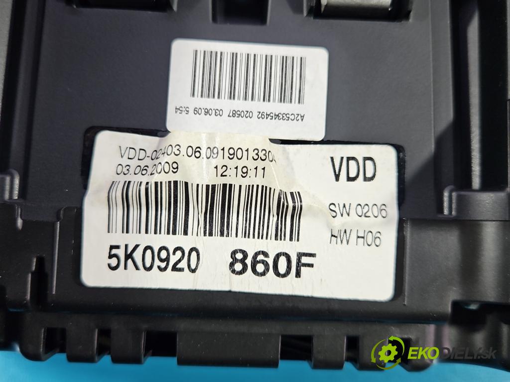 Vw Golf VI 2008-2013 1.4 16v 80 hp manual 59 kW 1390 cm3 5- Přístrojová deska 5K0920860F (Přístrojová deska)