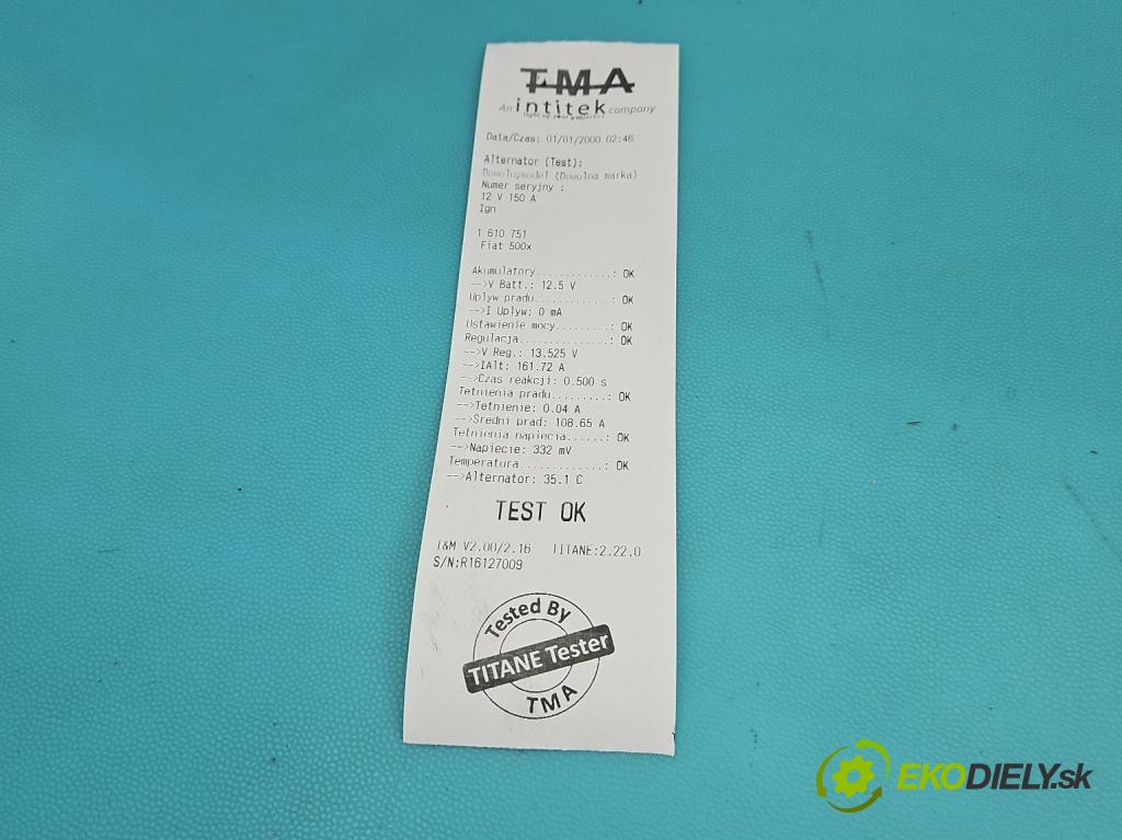 Fiat 500x 1.6 16V 110 HP manual 81 kW 1598 cm3 5- Alternator 51942146 (Alternátor)