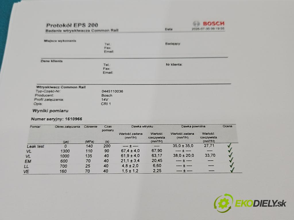 Peugeot 607 2.2 hdi 133 hp manual 98 kW 2179 cm3 4- vstřikovač diesel 0445110036