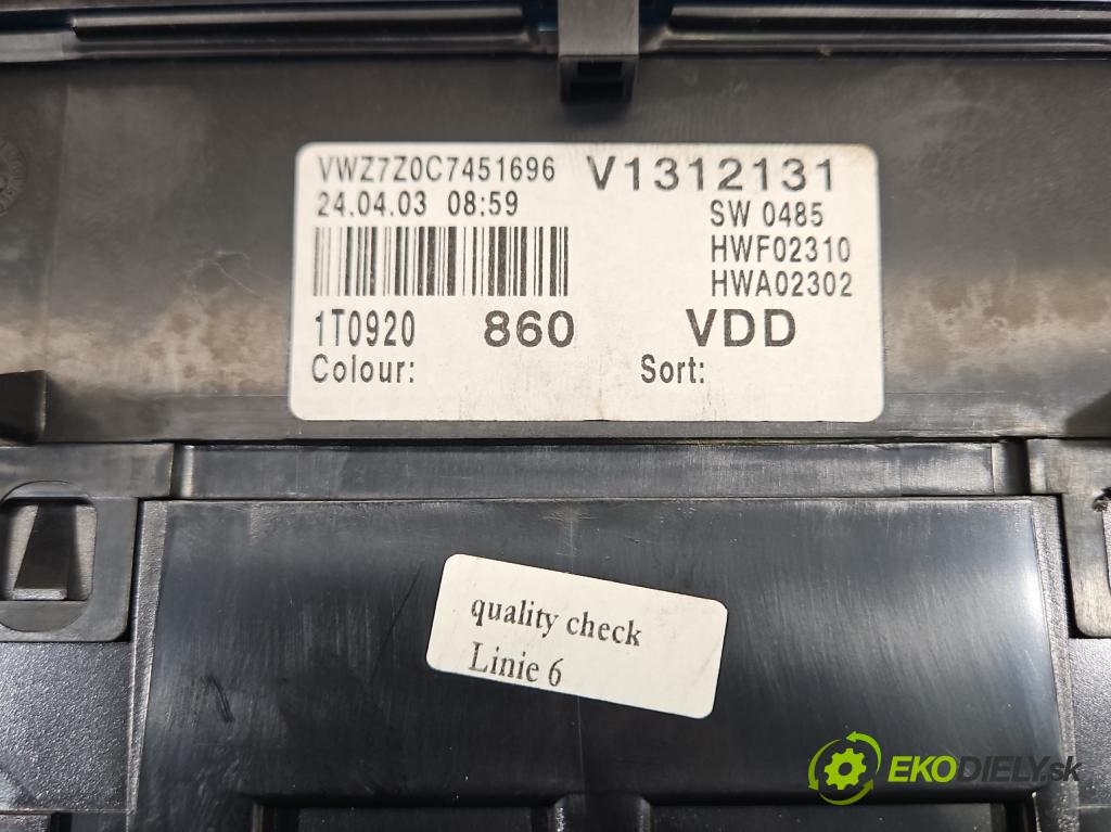 Vw Touran I 2003-2015 1.6 fsi 116 hp manual 85 kW 1598 cm3 5- Přístrojová deska 1T0920860 (Přístrojová deska)