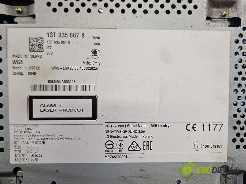 Skoda Citigo 2011-2019 1.0 MPI 60 HP manual 44 kW 999 cm3 3- Radio originál 1ST035867B