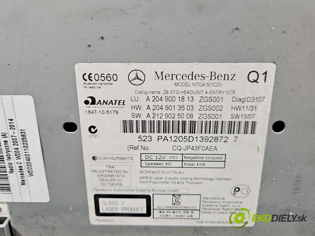 Mercedes C W204 2007-2014 2.2 CDI 136hp automatic 100 kW 2148 cm3 4- Radio továrna: A2049001813