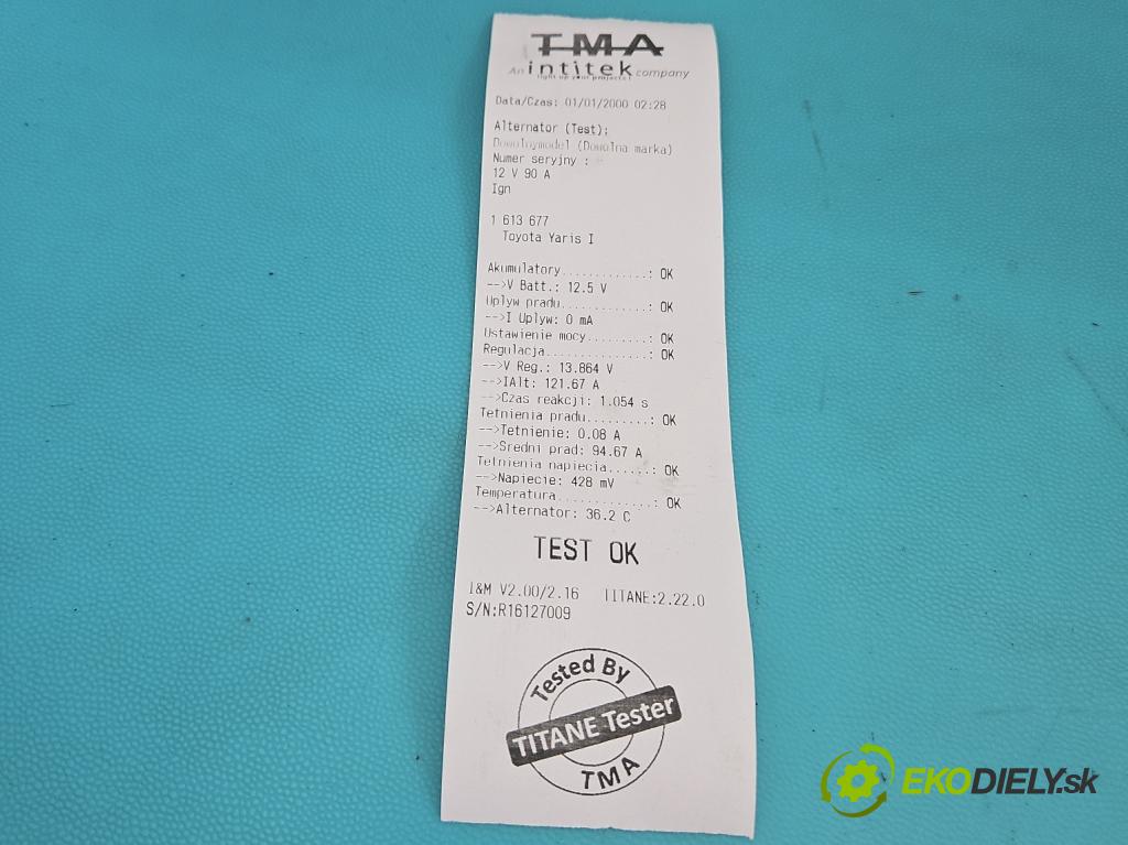 Toyota Yaris I 1999-2005 1.3 vvti 86 HP manual 63 kW 1299 cm3 5- Alternator 27060-21030 (Alternátor)