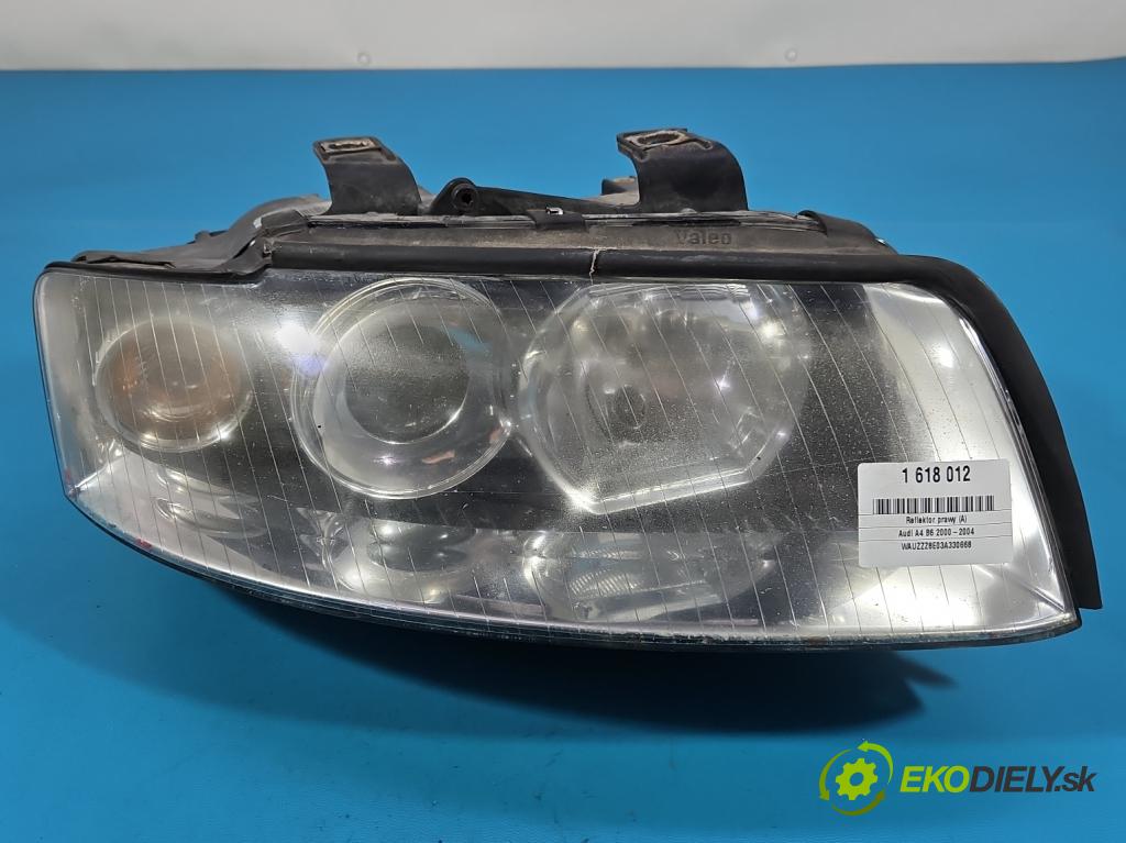 Audi A4 B6 2000-2004 1.6 8V 102 HP manual 75 kW 1595 cm3 4- Reflektor: pravý 8E0941004F (Svetlo predné pravé)