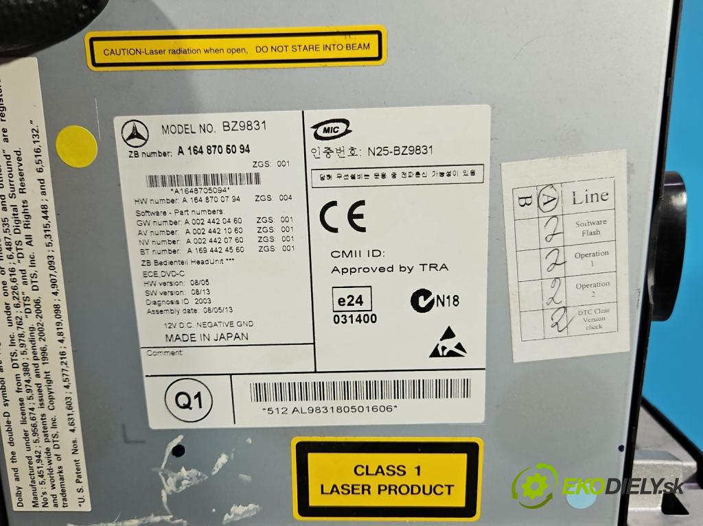 Mercedes ML W164 2005-2011 4.0 CDI 306KM automatic 225 kW 3996 cm3 5- Radio továrna: A1648705094