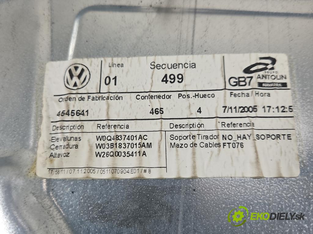 Vw Polo IV 9N 2001-2009 1.2 6V 54 hp manual 40 kW 1198 cm3 5- mechanismus stahování přední levý 6Y2959802