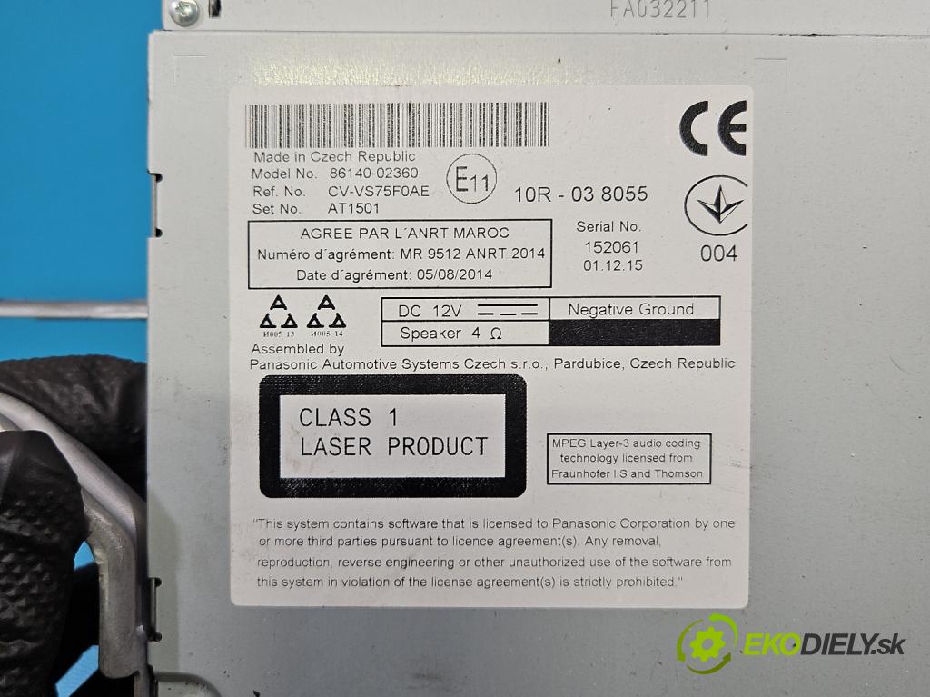 Toyota Auris II 2012-2018 1.6 16V 132 hp manual 97 kW 1598 cm3 5- Radio továrna: 86140-02360