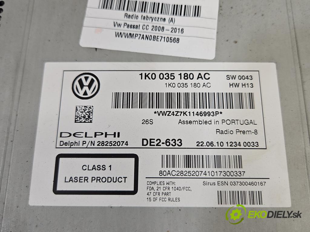 Vw Passat CC 2008-2016 2.0 TSI 200 HP automatic 147 kW 1984 cm3 4- Radio originál 1K0035180AC