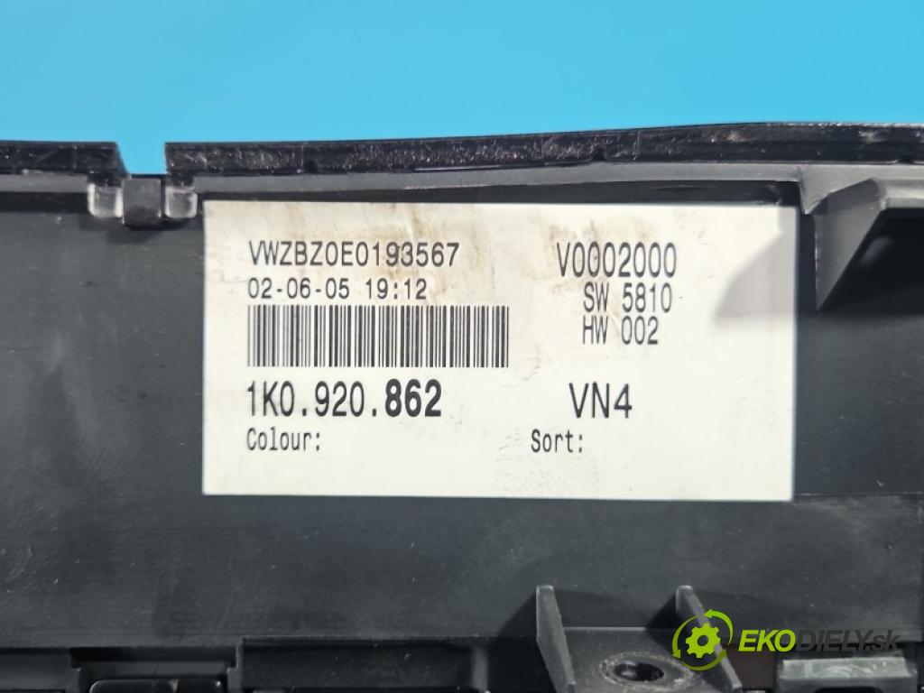 Vw Golf V 2003-2009 1.4 16V BCA 75 hp manual 55 kW 1390 cm3 3- Přístrojová deska 1K0920862 (Přístrojová deska)