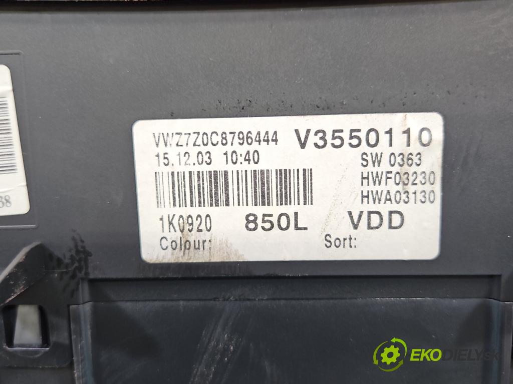 Vw Golf V 2003-2009 1.9 tdi 105 HP manual 77 kW 1896 cm3 5- prístrojovka/ budíky 1K0920850L (Prístrojová doska)