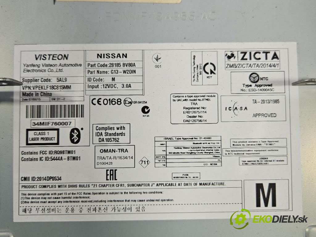 Nissan Juke I 2010-2019 1.2 T 116 HP manual 85 kW 1197 cm3 5- Radio originál 28185-BV80A