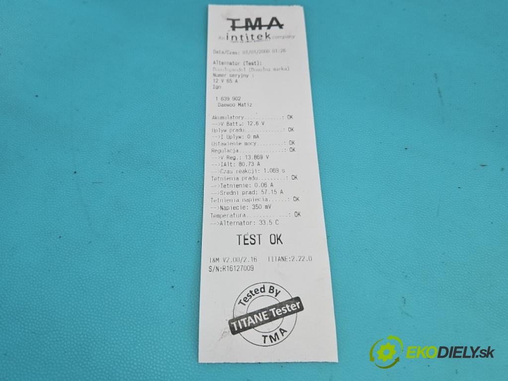 Daewoo Matiz 0.8 8V 51KM manual 37.5 kW 796 cm3 5- Alternator 96314258 (Alternátor)