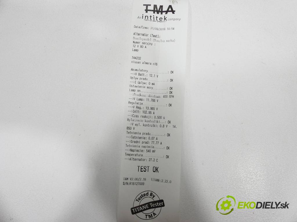 Nissan Almera N16 2000-2006 1.5 16V 90 HP  66 kW 1500 cm3  Alternátor  (Alternátory)