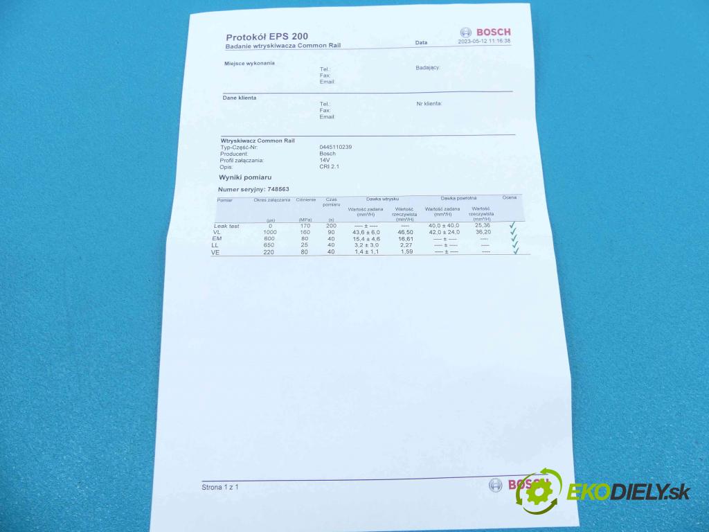 Ford C-Max I 2003-2010 1.6 TDCi 109 HP  80 kW 1600 cm3 5- vstrek 0445110188 (Vstrekovače)