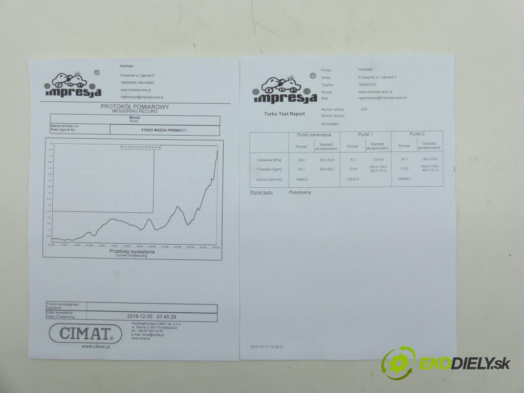 Mazda Premacy 2.0 TD   2000 cm3  Turbodúchadlo,turbo VJ30 (Turbodúchadlá (kompletné))