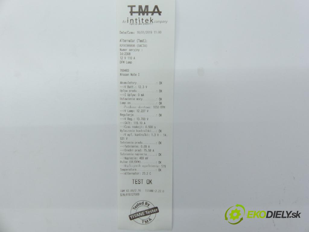 Nissan Note I 2006-2012 1.5 DCI 86 HP  63 kW 1500 cm3  Alternátor  (Alternátory)