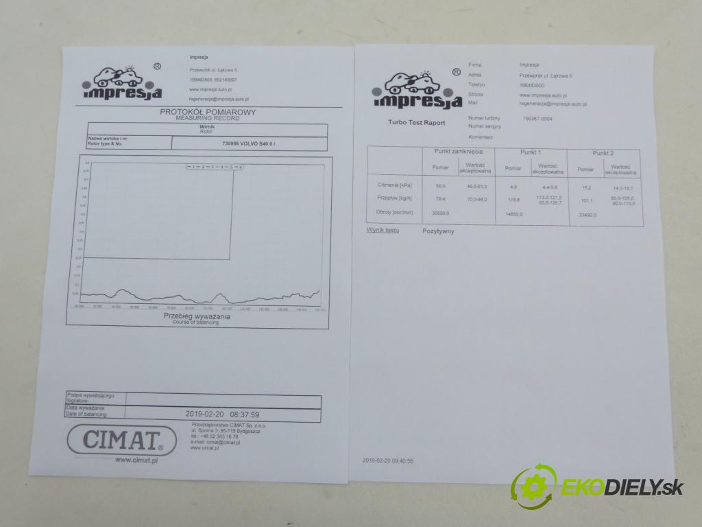 Volvo S40 II 2004-2012 2.0D 150 HP  110 kW 2000 cm3  Turbodúchadlo,turbo  (Turbodúchadlá (kompletné))