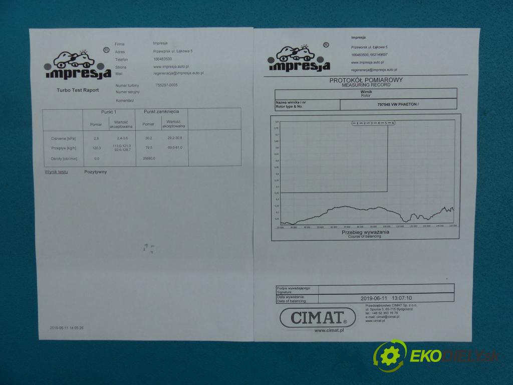 Vw Phaeton 5.0 TDI V10 313 HP automatic 230 kW 4921 cm3  Turbodúchadlo,turbo 755297-5 (Turbodúchadlá (kompletné))
