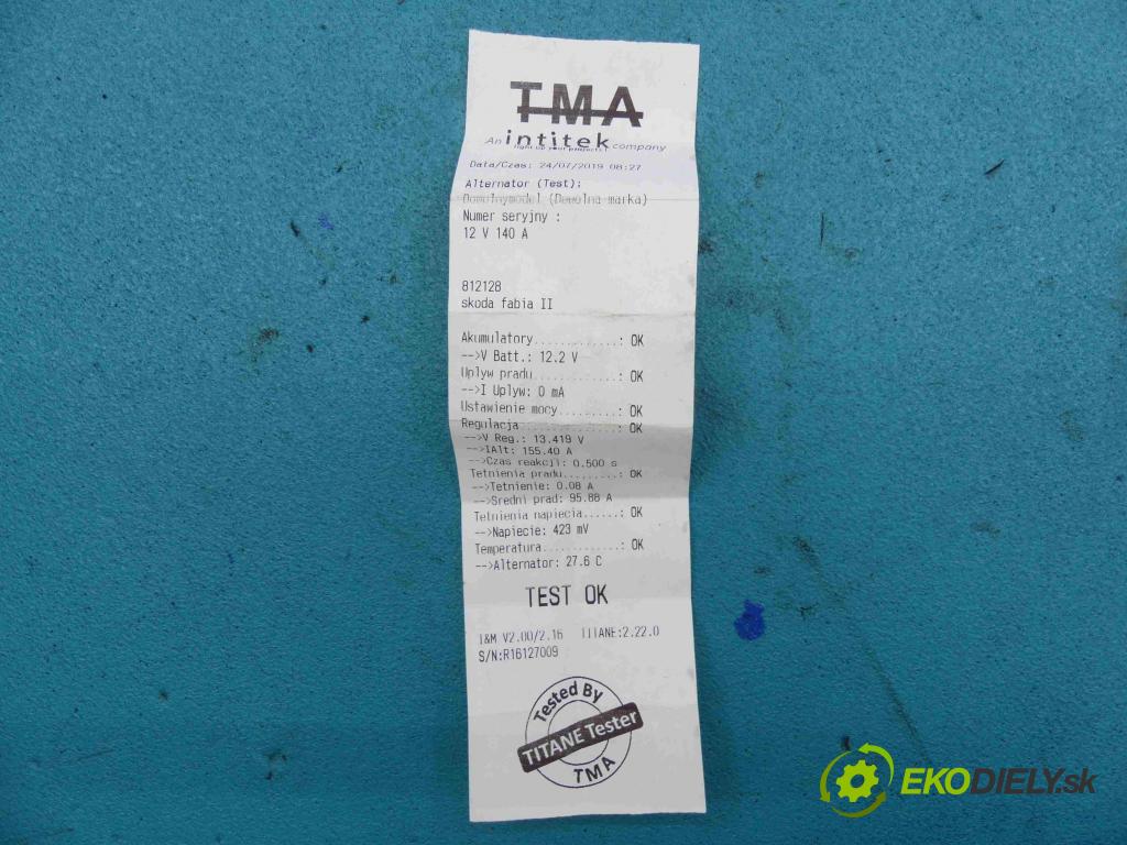 Skoda Fabia II 2007-2014 1.2 TDI 75 hp manual 55 kW 1199 cm3  Alternátor 03P903023B (Alternátory)