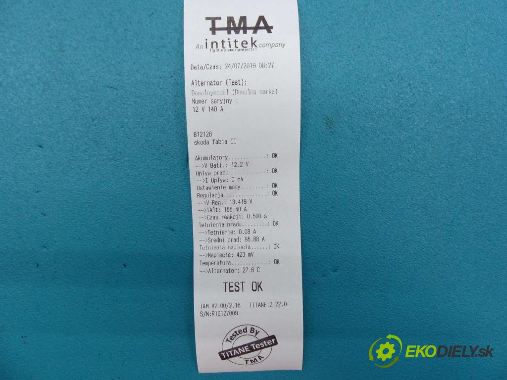 Skoda Fabia II 2007-2014 1.2 TDI 75 hp manual 55 kW 1199 cm3  Alternátor 03P903023B (Alternátory)