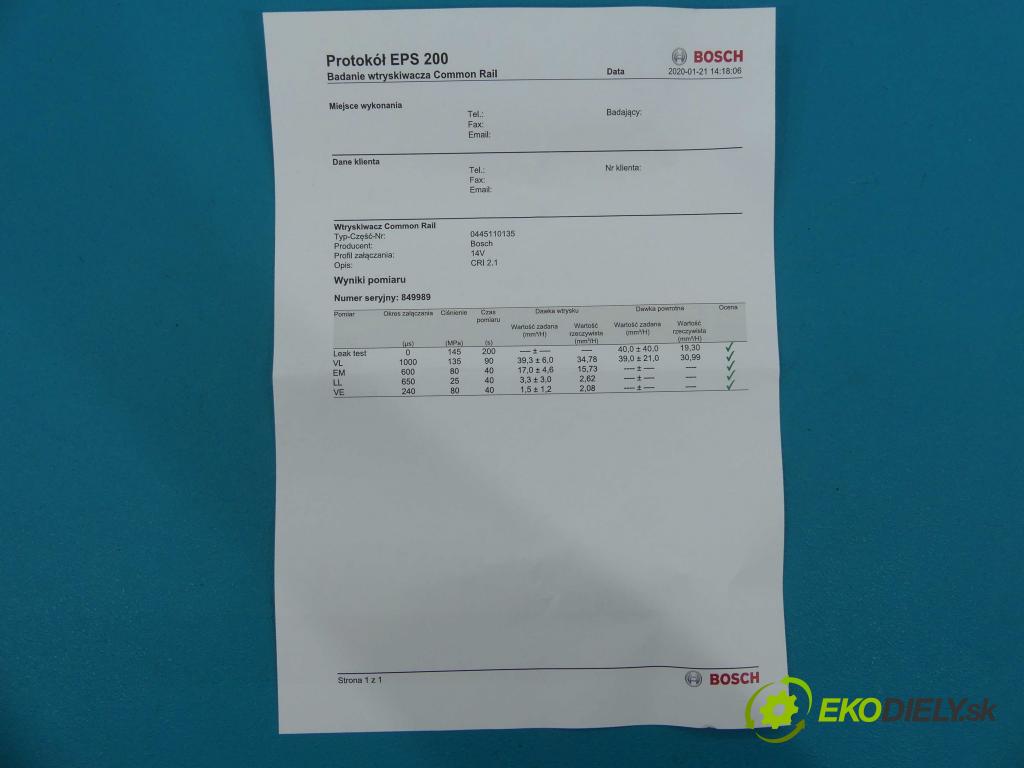 Peugeot 307 1.4 HDI 68 HP manual 50 kW 1398 cm3  vstrekovač 0445110135 (Vstrekovače)