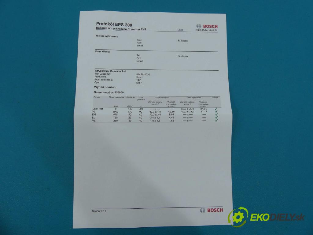 Rover 75 2.0 cdt 116 HP manual 85 kW 1951 cm3  vstrekovač 0445110030 (Vstrekovače)