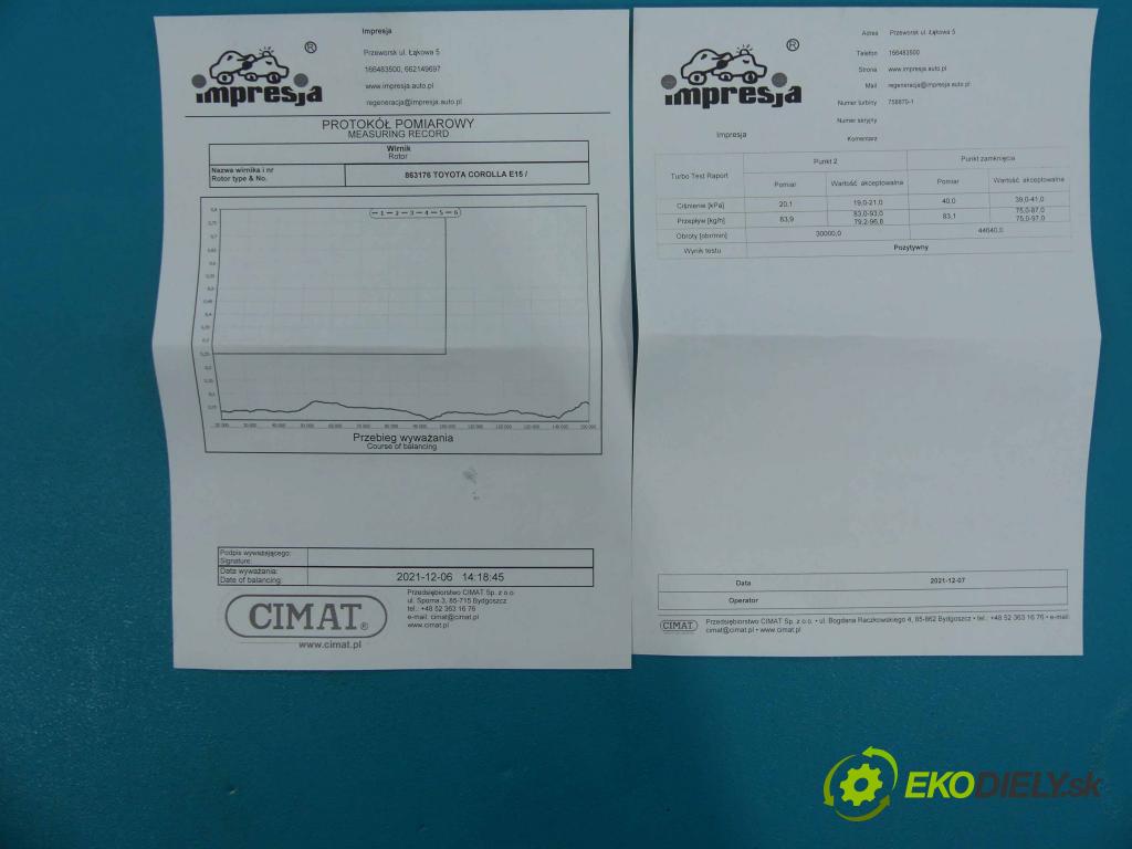 Toyota Corolla E15 2007-2014 1.4 D4D 90 HP manual 66 kW 1364 cm3 4- turbodúchadlo, turbo 758870-1 (Turbodúchadlá (kompletné))