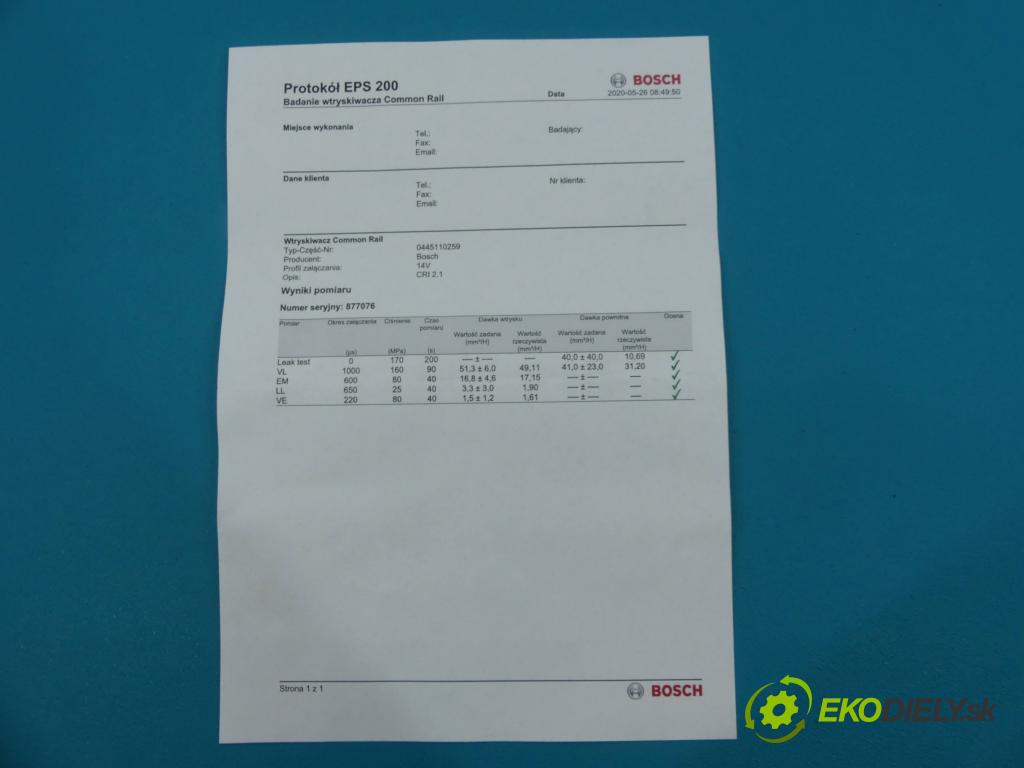 Volvo V50 1.6d 109 HP manual 80 kW 1560 cm3 5- vstrekovač 0445110259 (Vstrekovače)