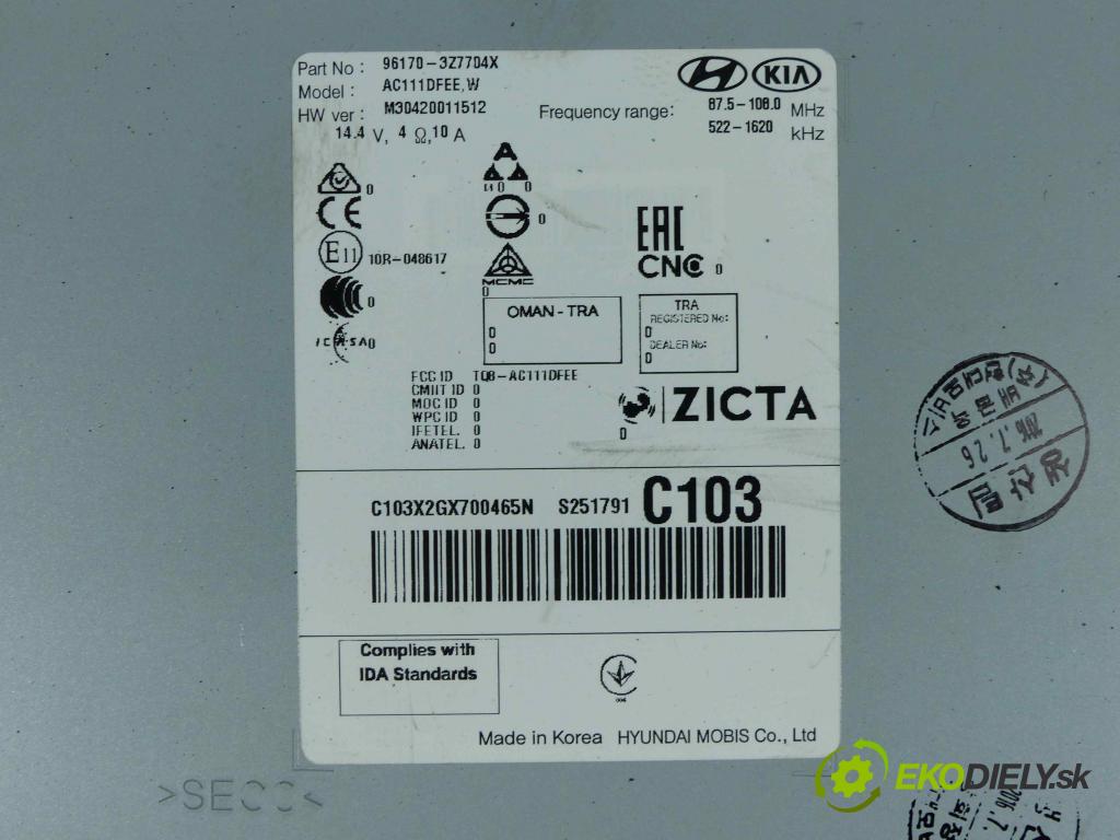 Hyundai I40 1.7 CRDi 141 HP automatic 104 kW 1685 cm3  RADIO 96170-3Z7704X (Audio zariadenia)