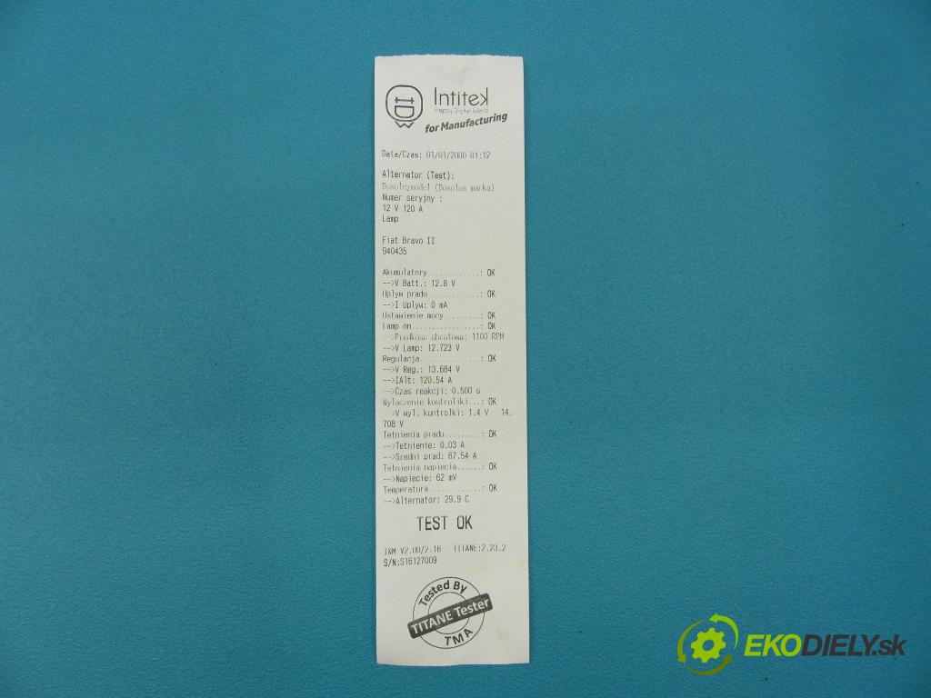 Fiat Bravo II 2007-2014 1.9 jtd 150 HP manual 110 kW 1910 cm3 5- Alternator 0986049530 (Alternátory)