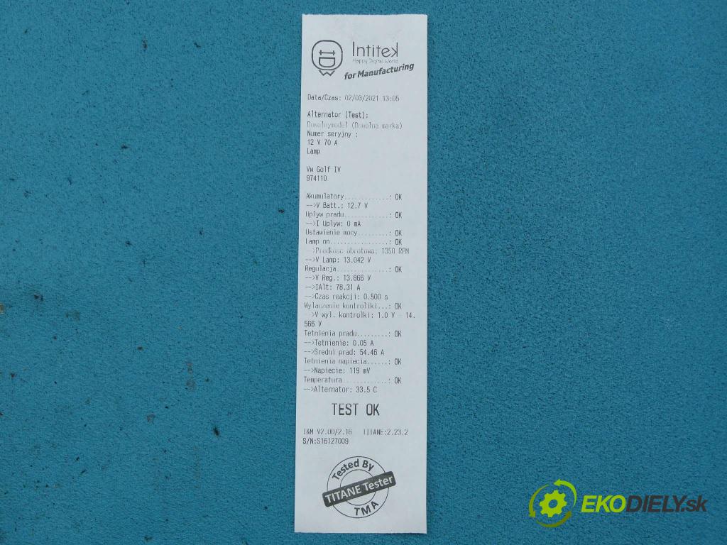 Vw Golf IV 1997-2003 1.6 SR 101 hp manual 74 kW 1595 cm3 5- Alternator 0124315003 (Alternátory)