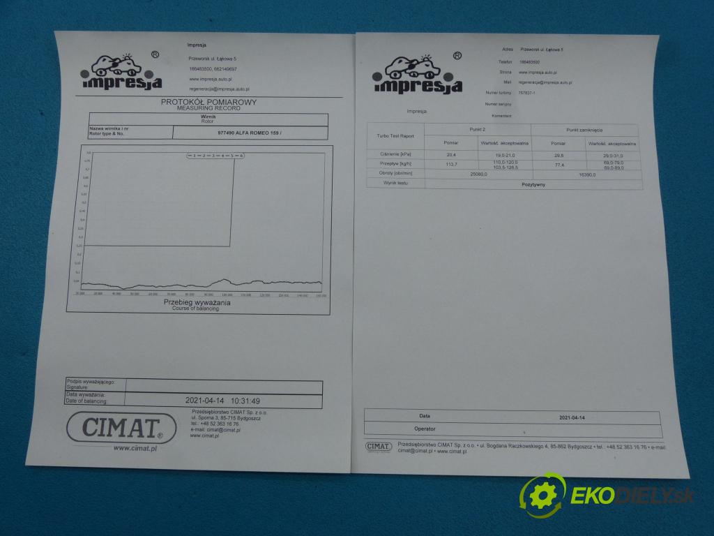 Alfa romeo 159 1.9 JTDM 8V 116 HP manual 85 kW 1910 cm3 5- turbodúchadlo, turbo repasovaná 767837-1