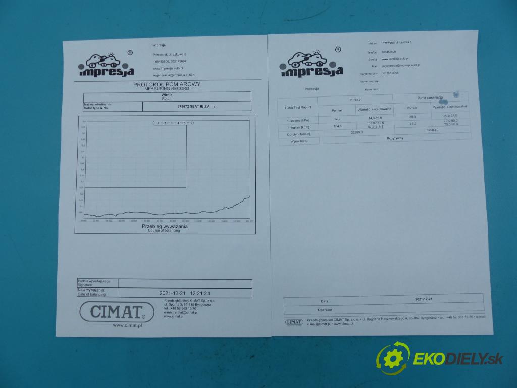 Seat Ibiza III 6L 2002-2008 1.9 tdi 101 HP manual 74 kW 1896 cm3 3- turbodúchadlo, turbo 5439-970-0006 (Turbodúchadlá (kompletné))