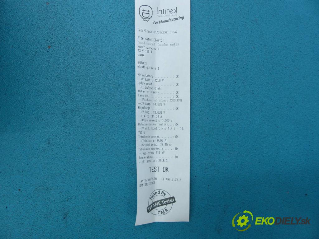 Skoda Octavia I 1996-2010 1.9 tdi 110 HP manual 81 kW 1896 cm3 5- Alternator 038903023J (Alternátory)