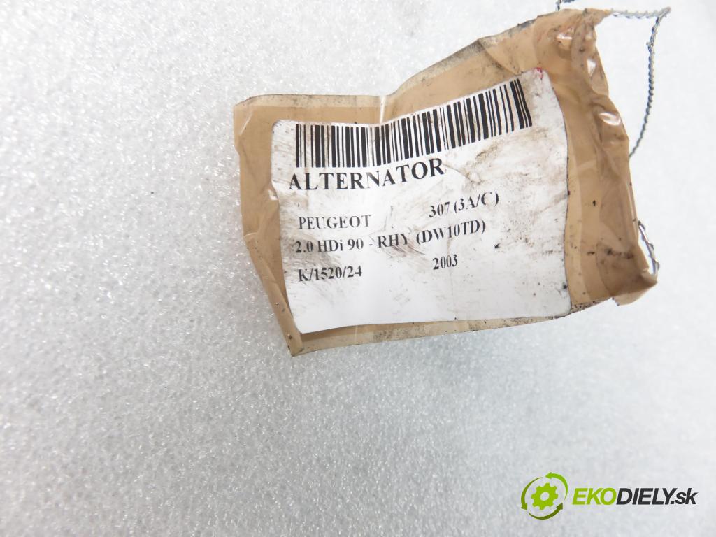 PEUGEOT 307 (3A/C) HB 2003 66,00 2.0 HDi 90 - RHY (DW10TD) 1997,00 Alternátor 9646321880 (Alternátory)