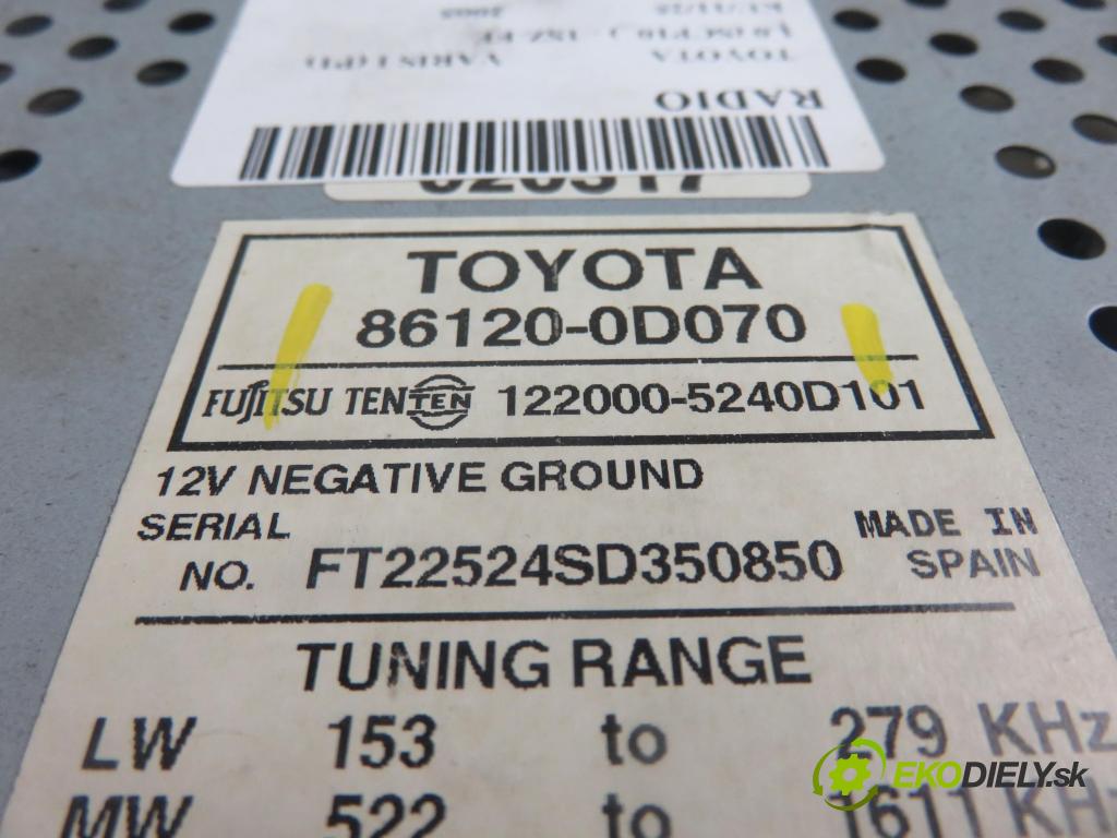 TOYOTA YARIS (_P1_) HB 2005 50,00 1.0 VVT- i 68 - 1SZ-FE 998,00 RADIO 861200D070