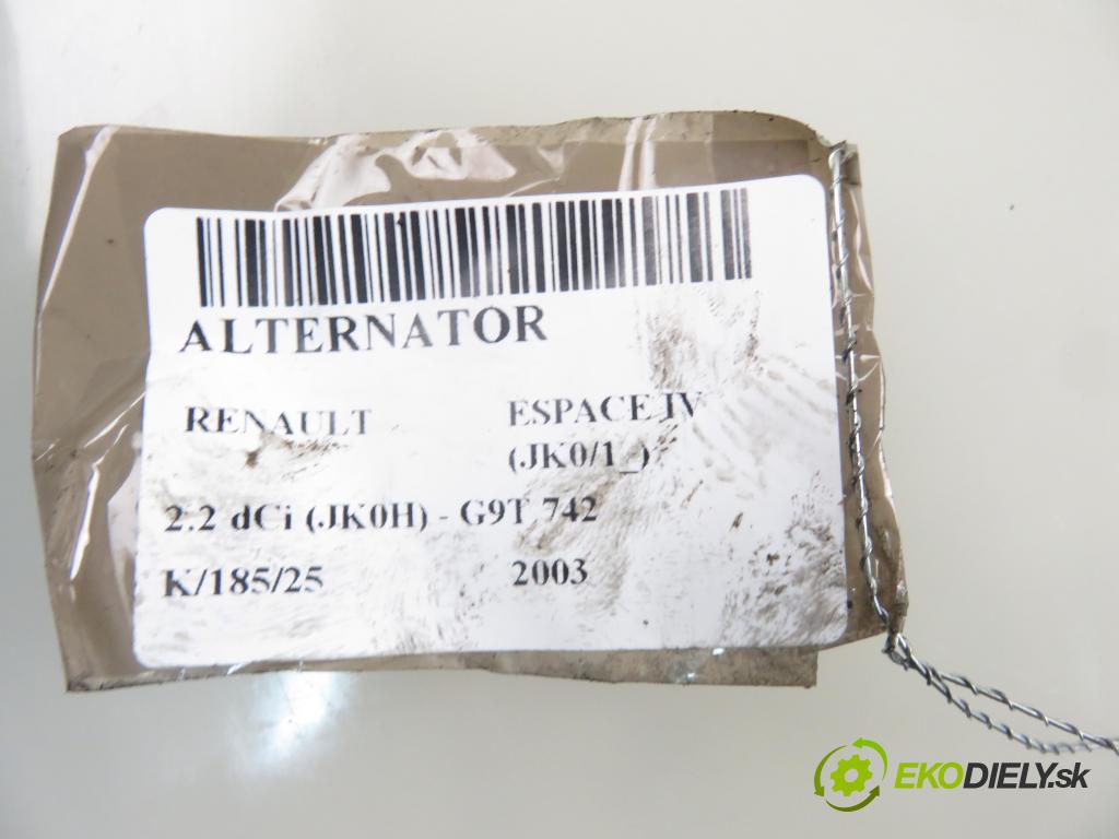RENAULT ESPACE IV (JK0/1_) MINIVAN 2003 110,00 2.2 dCi (JK0H) 150 - G9T 742 2188,00 Alternátor 8200290220 ; 2542819B (Alternátory)