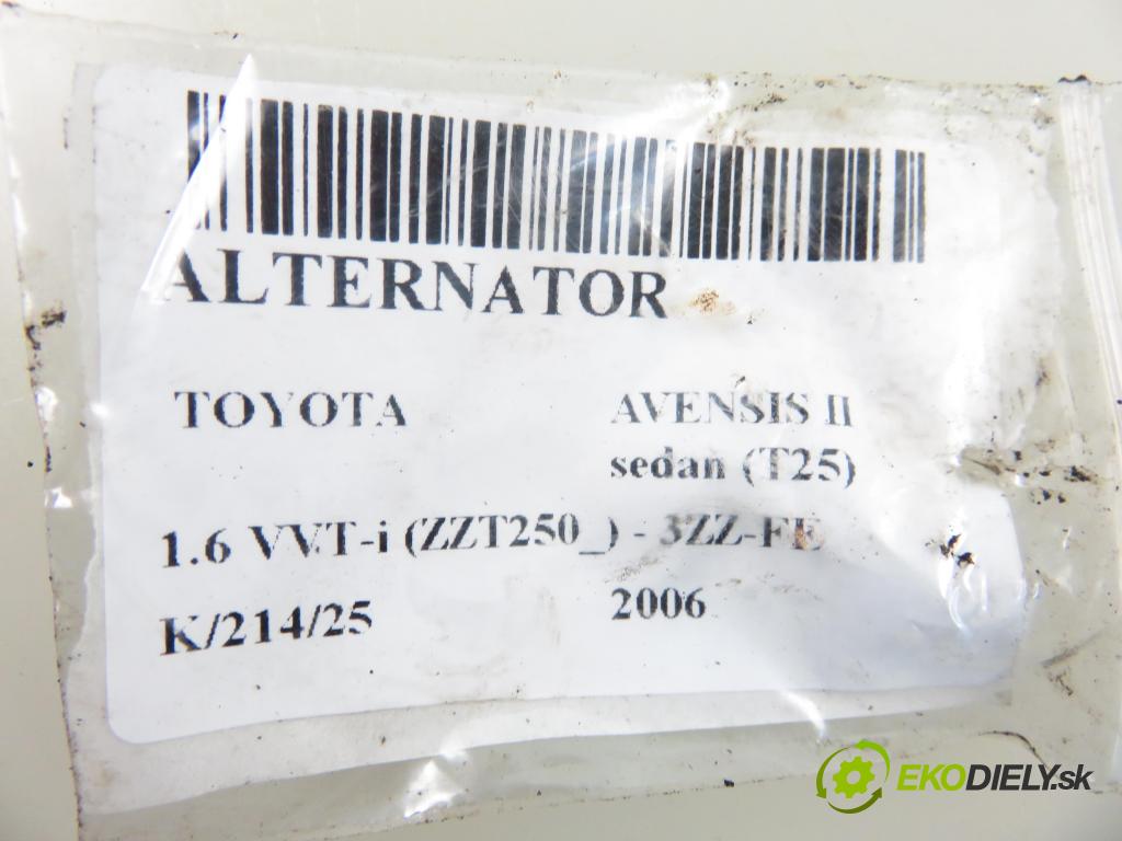 TOYOTA AVENSIS sedan (_T25_) SEDAN 2006 81,00 1.6 VVT-i (ZZT250_) 110 - 3ZZ-FE 1598,00 Alternátor 0124325079 ; 270600D140B (Alternátor)