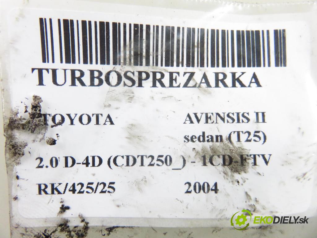 TOYOTA AVENSIS sedan (_T25_) SEDAN 2004 85,00 2.0 D-CAT 116- 1CD-FTV 1995,00 RYCHLONABÍJEČKA: 172010G010 (Turbodúchadla (kompletní))