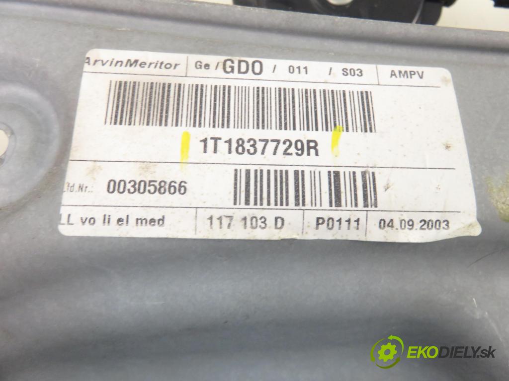 VW TOURAN (1T1, 1T2) MINIVAN 2003 74,00 1.9 TDI PD 100 - AVQ 1896,00 mechanismus oken 1T1837729R ; 1T0959701 ; 1K0959793C