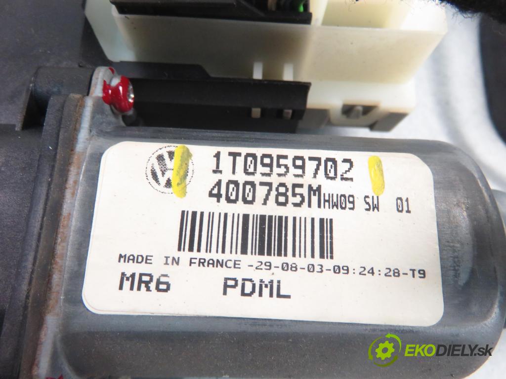 VW TOURAN (1T1, 1T2) MINIVAN 2003 74,00 1.9 TDI PD 100 - AVQ 1896,00 mechanismus oken PPE 1T0837756L ; 1T0959702 ; 1K0959792C