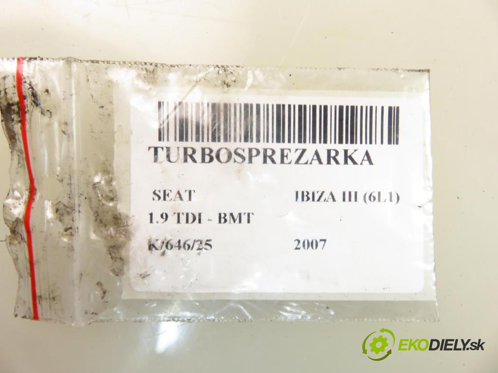 SEAT IBIZA III (6L1) HB 2007 74,00 1.9 TDI - BMT 1896,00 Turbodúchadlo 03G253014D ; BV39A0068 (Turbodúchadlo (kompletné))