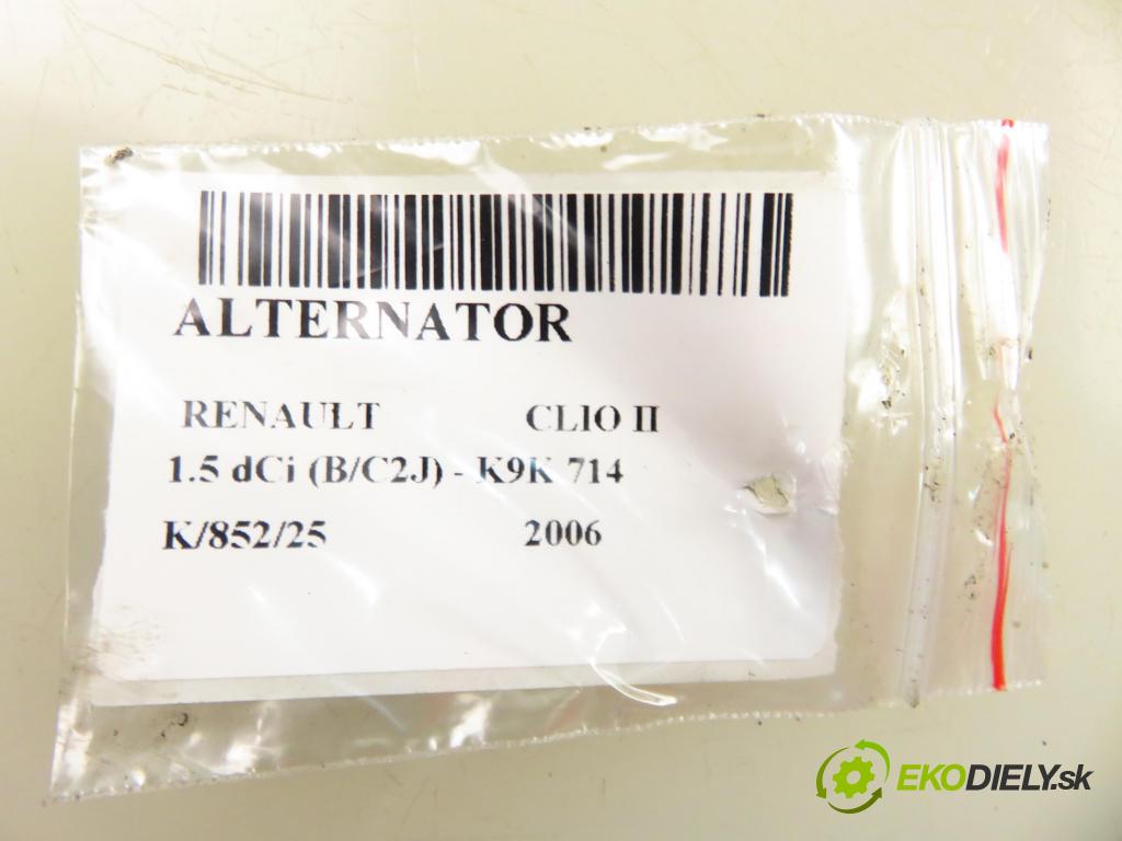 RENAULT CLIO II (BB_, CB_) HB 2006 50,00 1.5 dCi 68 - K9K 714 1461,00 Alternátor 8200386806 ; 2542945B ; TG11C034 (Alternátor)