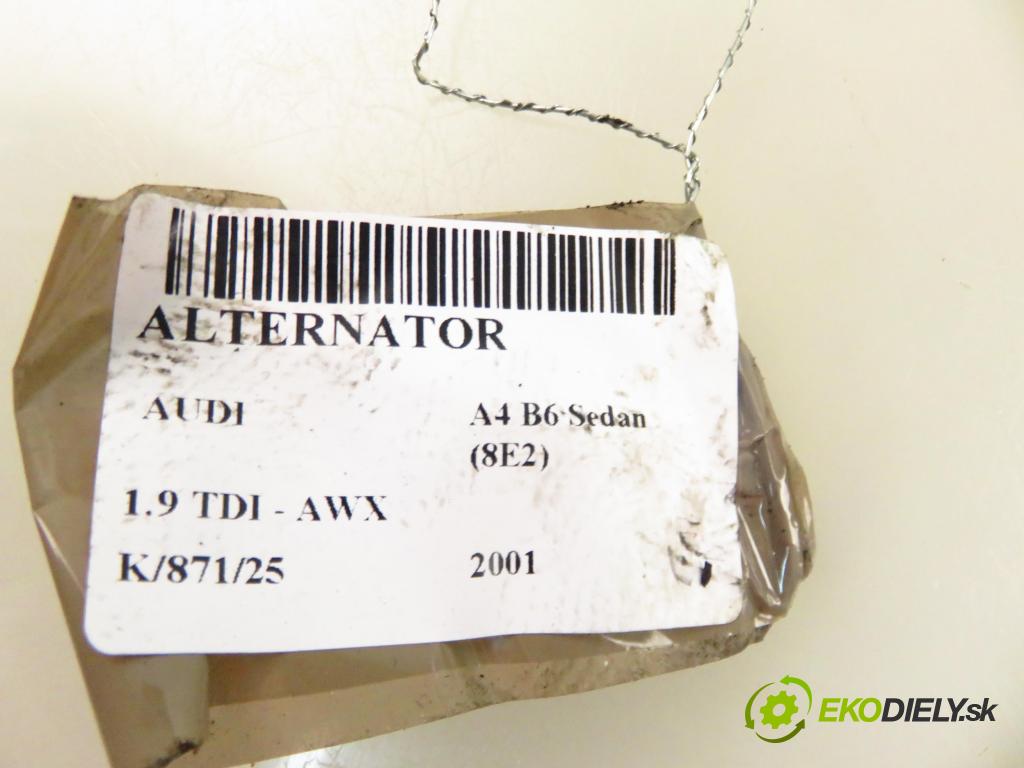 AUDI A4 (8E2, B6) SEDAN 2001 96,00 1.9 TDI PD 130 - AWX 1896,00 Alternátor A3033 (Alternátor)