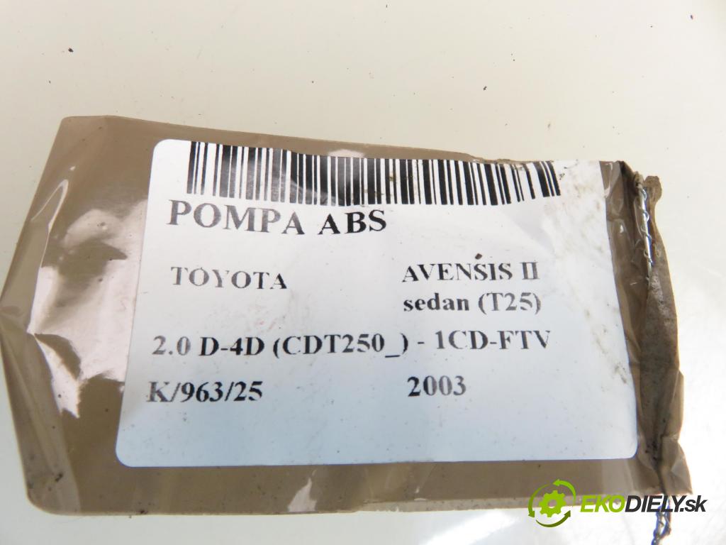 TOYOTA AVENSIS sedan (_T25_) SEDAN 2003 85,00 2.0 D-CAT 116- 1CD-FTV 1995,00 Pumpa ABS 0265950101 ; 8954105070 ; 0265225228 (Pumpa ABS)